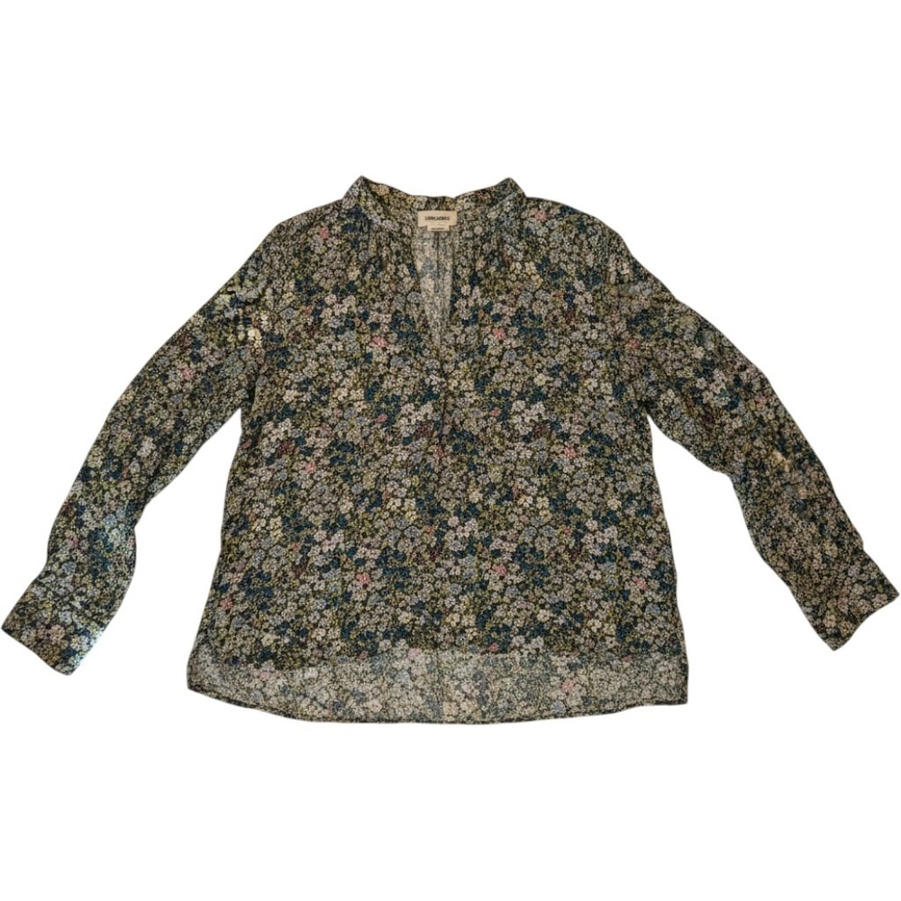 Zadig & Voltaire Floral Print‎ Split Neck Blouse Long Sleeve Boho Top Blue Pink